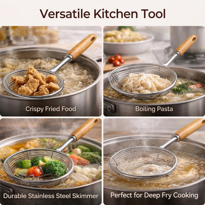 🥄 5.5" Spider Skimmer Ladle — Stainless Steel Frying Strainer With Wooden Handle
