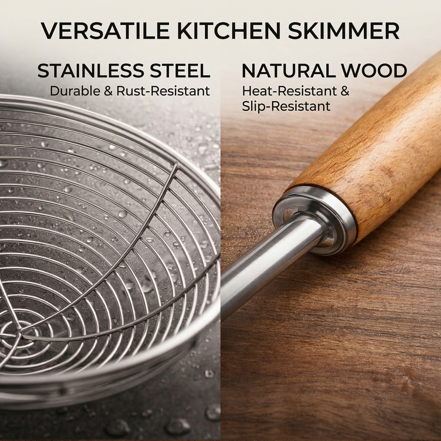 🥄 5.5" Spider Skimmer Ladle — Stainless Steel Frying Strainer With Wooden Handle