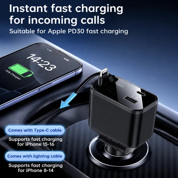 4-in-1 Retractable Car Charger 66W Fast Charging