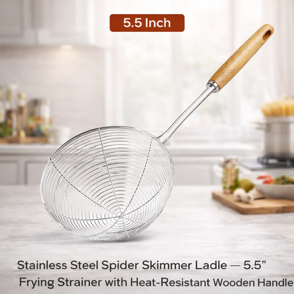 🥄 5.5" Spider Skimmer Ladle — Stainless Steel Frying Strainer With Wooden Handle