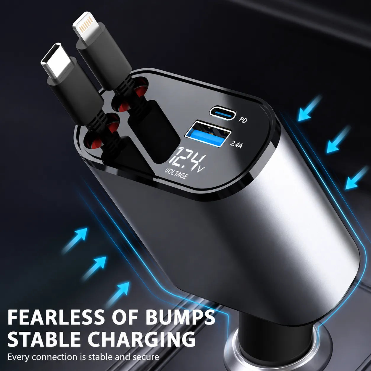 4-in-1 Retractable Car Charger 66W Fast Charging